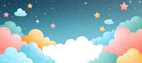 Dreamy night sky with fluffy pink and orange clouds, twinkling stars, and soft turquoise background creates magical celestial atmosphere for children's designs.