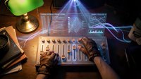 Gloved hands operating a futuristic audio mixer on a wooden desk with holographic HUD displays and neon light beams in a dark studio.