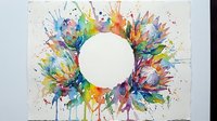 Vibrant watercolor paint explosion forming circular frame with rainbow splashes and artistic brush strokes on white background for creative design projects.