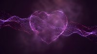 Digital heart shape made of glowing purple particles with flowing wave patterns on dark background for romantic designs and Valentine's Day projects.