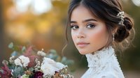 Young brunette bride with elegant updo hairstyle holding autumn wedding bouquet in soft natural light. Romantic bridal portrait with warm bokeh background.