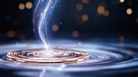 Mystical water drop creating circular ripples with glowing light streams and bokeh effects on dark background, capturing moment of impact.