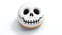 Halloween skull face donut with white icing and black details on transparent background, isolated dessert ready for spooky seasonal design projects.