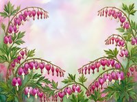 Watercolor bleeding heart flowers forming a romantic floral frame on soft pink background, with copy space for text or greeting cards.