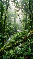 Green chameleon camouflaged on moss-covered log in misty tropical rainforest with lush vegetation and flowing stream creating serene jungle atmosphere.