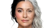 Split face comparison showing aging process from young brunette woman to mature silver-haired woman with wrinkles on white background.