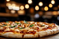 Fresh baked pizza with melted cheese and herbs on wooden table in warm restaurant setting with glowing bokeh lights creating cozy dining atmosphere.
