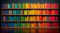 Colorful books arranged by spectrum colors on wooden shelves creating rainbow pattern against dark wall, with reflective floor showing vibrant gradient.