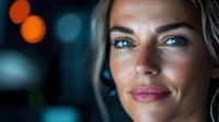 Professional blonde Caucasian businesswoman with blue eyes and headset working in modern office environment with bokeh lights background.