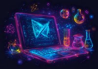Glowing neon laptop with scientific elements, chemistry flasks and geometric shapes floating in dark space, digital art with vibrant blue and pink colors against starry background.