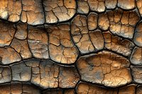 Cracked dry soil texture with deep fissures forming natural geometric patterns in brown and golden tones, showing effects of drought and climate change.