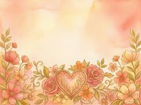 Soft watercolor floral background with roses, heart, and botanical elements in warm peach and pink tones, perfect for romantic greeting cards.