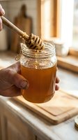 Fresh golden honey dripping from wooden dipper into glass jar held by hands in warm kitchen setting for natural food and cooking concepts.