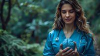 Young female medical professional in blue scrubs holds anatomical brain model in forest setting, representing mental health and neuroscience concepts.