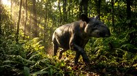 Young elephant calf walking through lush tropical rainforest with golden sunlight filtering through dense green canopy and ferns covering forest floor.