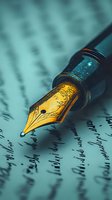 Golden fountain pen nib on handwritten letter against turquoise background, macro photography capturing ornate details and vintage writing atmosphere.