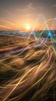 Abstract digital energy waves flowing over natural landscape at golden sunset with colorful light trails and motion blur effects for modern design projects.