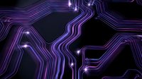 Abstract purple circuit board pathways with glowing nodes on dark background for technology and electronics design projects.