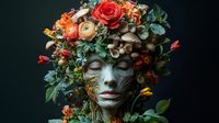 Surreal portrait of woman with elaborate floral headdress featuring roses, mushrooms and foliage against dark background for fantasy art projects.