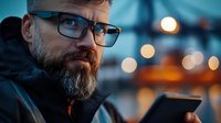 Mature bearded man in glasses looking at smartphone screen during evening time with blurred city lights bokeh background creating moody atmosphere.