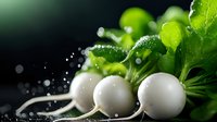 Fresh white round radishes with green leaves and water drops on dark background, macro food photography showing texture and freshness of organic vegetables.