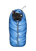 Black cat sleeping wrapped in blue sleeping bag with knit hat, isolated on white background. Cozy winter rest and relaxation concept for bedding, comfort products, and humorous pet designs.