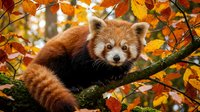 Adorable red panda resting on tree branch surrounded by vibrant autumn foliage in golden orange and yellow colors creating peaceful wildlife scene.