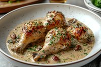 Juicy chicken drumsticks in creamy mushroom sauce garnished with fresh herbs and crispy bacon bits, served in white ceramic plate. Close up food photography.
