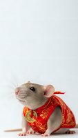 Adorable rat wearing traditional red Chinese outfit with golden patterns, isolated on white background for festive designs and celebrations.