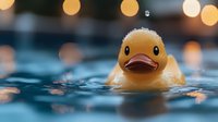 Yellow rubber duck floating in blue water with bokeh lights creating magical atmosphere and reflections in swimming pool at night.