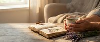 Woman enjoying hot tea while reading vintage photo album in cozy living room with warm sunlight streaming through window creating peaceful afternoon atmosphere.