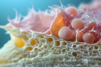 Macro close-up of colorful sea sponge with branching coral polyps and spherical organisms on blue ocean background, suitable for marine biology education and nature documentaries.