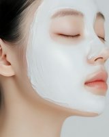 Young Asian woman with closed eyes wearing white sheet face mask during skincare routine, side view close-up on light background showing smooth skin texture.