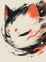 Mystical fox mask with red glowing eyes and swirling black and orange brush strokes creating ethereal movement against light background. Traditional Asian art style.