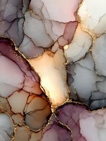 Abstract alcohol ink art with flowing organic shapes in purple, pink, gray and gold tones creating luxurious marble-like texture for modern interior design.