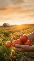 Farmer hands holding fresh ripe red tomatoes at sunset in agricultural field with barn background for organic farming and harvest concepts.