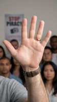 Close-up of male hand raised in stop gesture with diverse group blurred behind and stop policy sign, conveying protest, refusal, and social activism message.