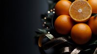 Fresh ripe oranges and cut citrus fruit with dark ribbon and green leaves on black background, moody food photography composition for healthy lifestyle.