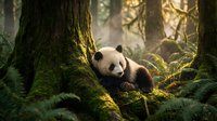 Giant panda cub walking through misty forest with moss-covered trees and ferns, suitable for wildlife and nature editorial use.