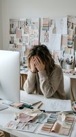 Stressed female designer covering face with hands at messy workspace with laptop, color samples and mood board. Creative burnout and work pressure concept.