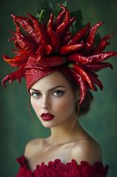 Young Caucasian woman wearing creative red chili pepper headdress and red dress against green background. Artistic fashion portrait with bold makeup and dramatic lighting.