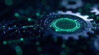 Glowing green digital circuit pattern with connected nodes and light effects on dark background, representing advanced technology and connectivity.