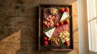 Gourmet charcuterie board with assorted meats, cheeses, nuts and strawberries arranged in wooden tray on rustic table for entertaining and appetizers.