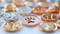 Metallic coins and tokens with animal paw prints and nature designs in gold, silver, and rose gold colors arranged in rows, selective focus on paw print detail.