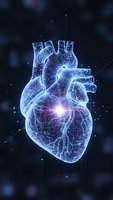 Digital holographic human heart with glowing blue wireframe structure and light effects on dark cosmic background for medical technology concepts.