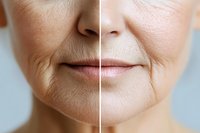 Close up comparison of aging skin showing wrinkles and fine lines versus smooth rejuvenated skin, demonstrating anti-aging treatment results on mature female face.