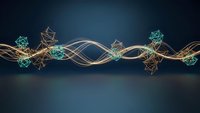 Abstract digital network with flowing golden lines and geometric nodes on dark blue background for technology presentations.