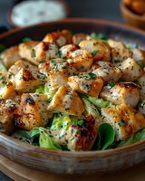 Grilled chicken pieces seasoned with herbs and spices served on fresh lettuce bed in ceramic bowl, close up view of juicy meat with golden crust.