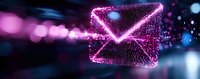 Glowing pink digital envelope icon made of particles floating in dark space with bokeh lights, representing electronic mail and digital communication technology.