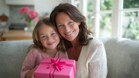 Mother and daughter smiling together on couch, holding pink gift box with ribbon. Bright home interior with natural light creates warm family moment.
